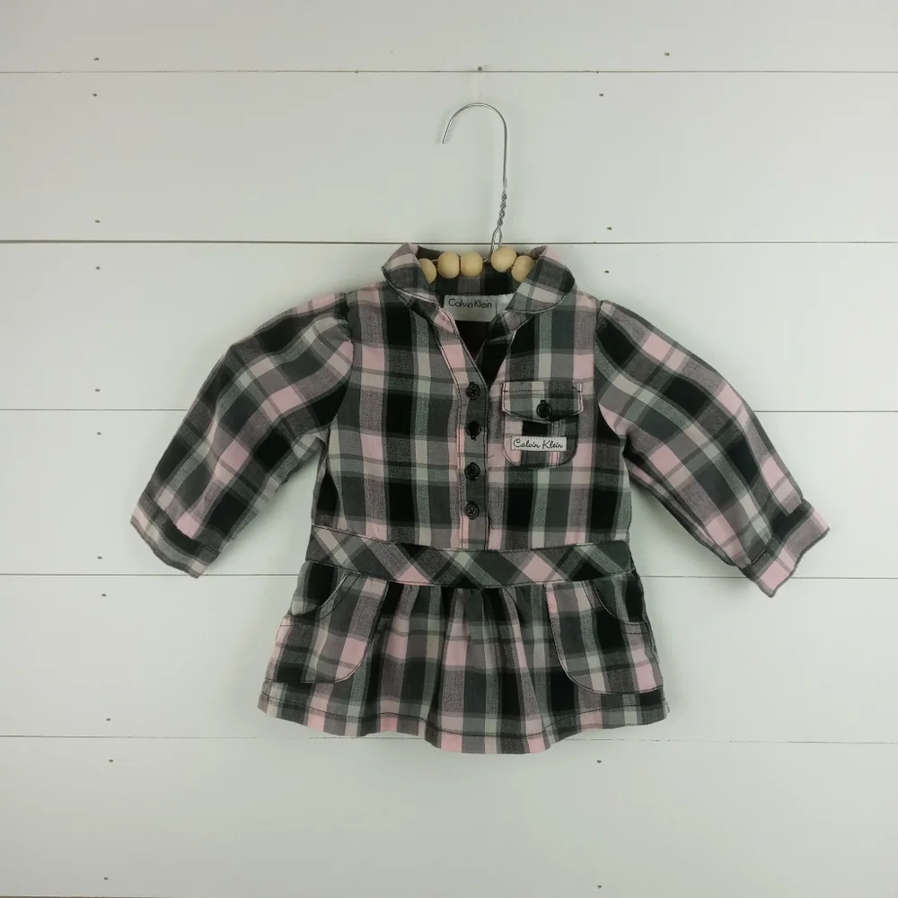Calvin Klein girls 3-6 mos light pink with gray plaid long sleeve ruffle dress